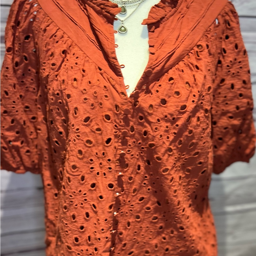 Women’s Eyelet Puff-Sleeve Blouse — Rust - Picture 2 of 10